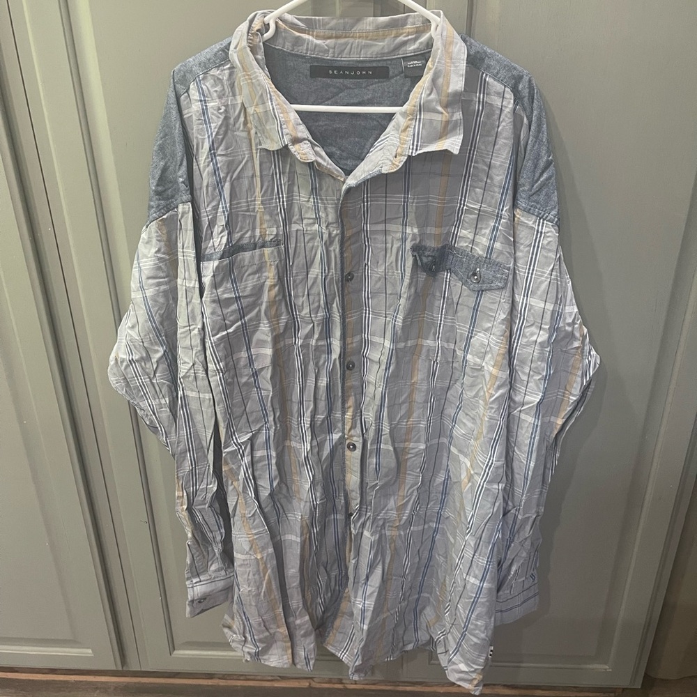 Sean John Blue and White Striped Casual Shirt